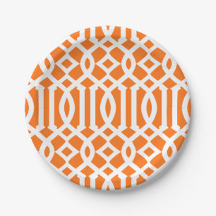 Modern Orange and White Trellis Pattern Paper Plate