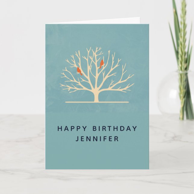 Modern Orange Birds in a Large Tree Birthday Card (Front)