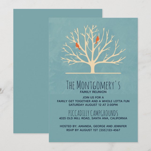 Modern Orange Birds in a Large Tree Family Reunion Invitation (Front/Back)