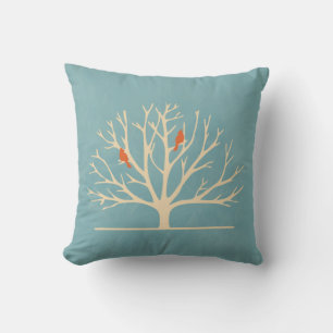 Modern Orange Birds in a Large Tree Illustration Cushion