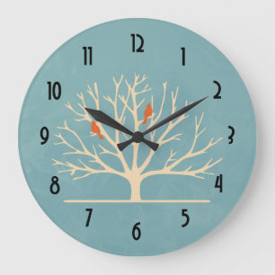 Modern Orange Birds in a Large Tree Illustration Large Clock