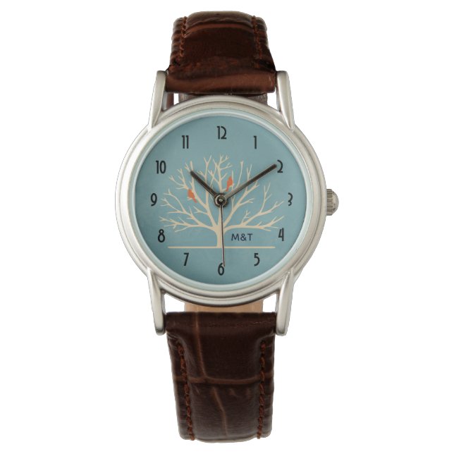Modern Orange Birds in a Large Tree Illustration Watch (Front)