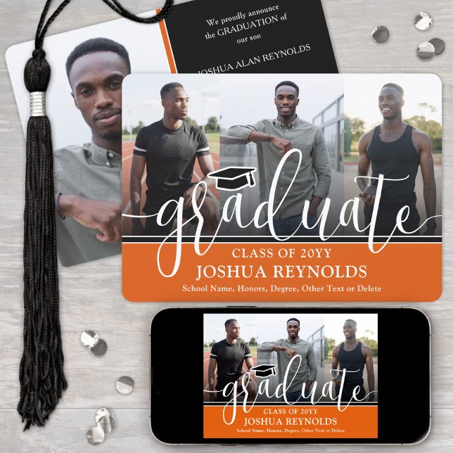 Modern Orange, Black and White 4 Photo Graduation Announcement (Creator Uploaded)