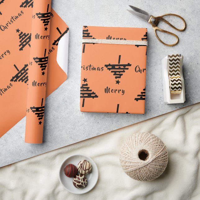 Modern Orange Black Christmas Tree Pattern Holiday Wrapping Paper (Crafts)