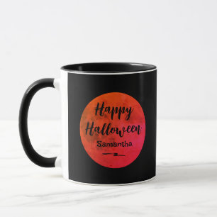 Modern  Orange Black Full Moon Happy Halloween Mug