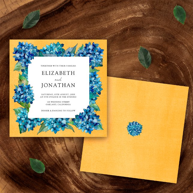 Modern Orange Blue Hydrangeas Watercolor Wedding Invitation (Creator Uploaded)