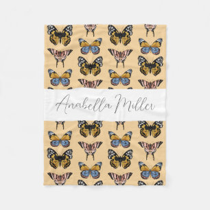 Modern Orange Boho Butterfly Pattern Kids Name  Fleece Blanket