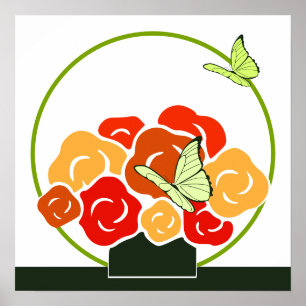 Modern Orange Bouquet & Green Butterflies Square Poster