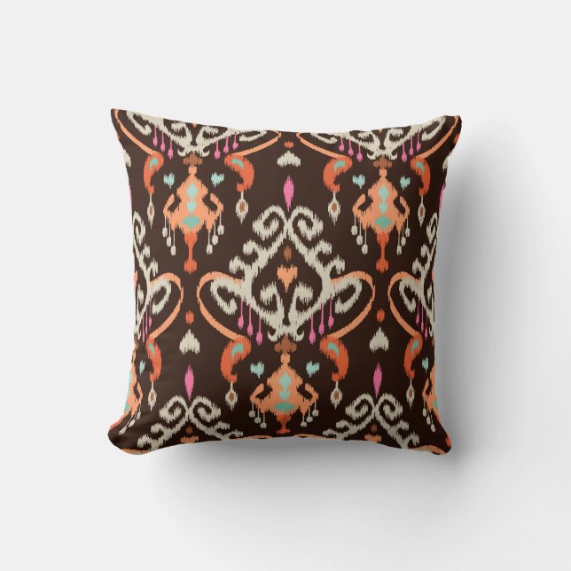 Modern orange brown girly ikat tribal pattern cushion (Front)