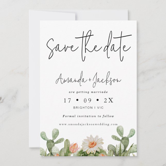 Modern Orange Cactus Wedding Save The Date Card (Front)