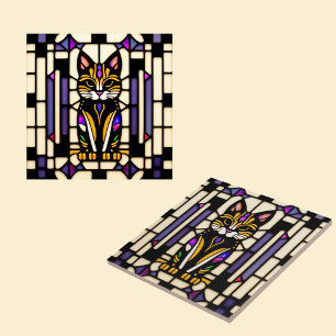 Modern Orange Cat Stained Glass Illustration Ceramic Tile