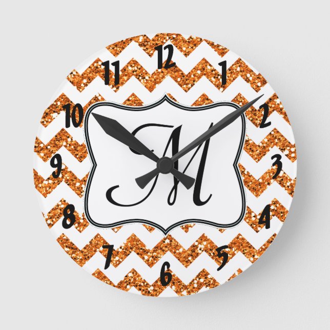Modern Orange Chevron Monogram Initial Wall Clock (Front)