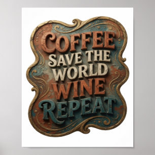 Modern Orange COFFEE SAVE THE WORLD WINE REPEAT Poster