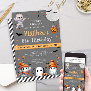 Modern Orange Cute Ghost Party Halloween Birthday Invitation