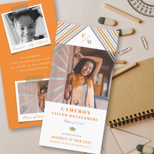 Modern Orange Diagonal Stripes Photo Graduation Announcement
