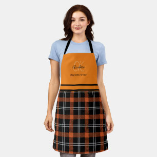 Modern Orange Fall Plaid monogram name Apron