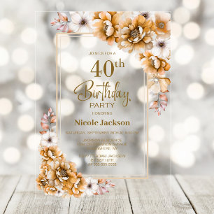 Modern Orange Floral 40th Birthday Party Acrylic Invitations