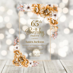 Modern Orange Floral 65th Birthday Party Acrylic Invitations