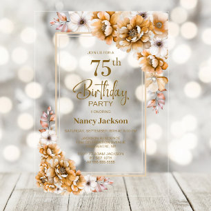 Modern Orange Floral 75th Birthday Party Acrylic Invitations