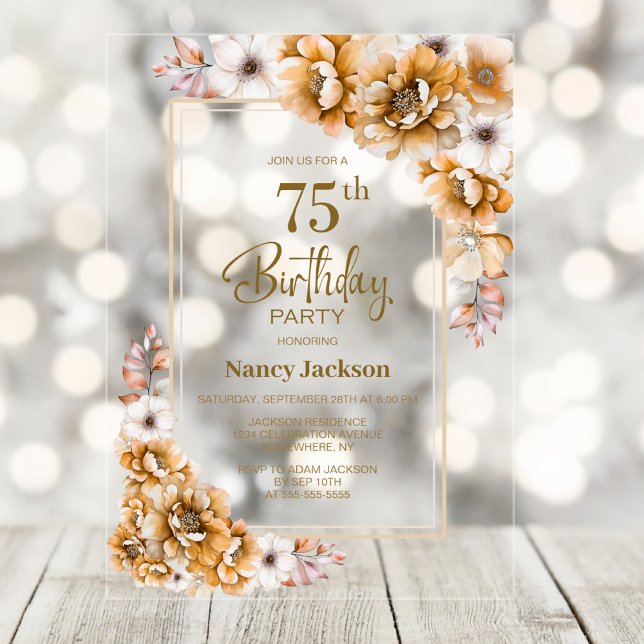 Modern Orange Floral 75th Birthday Party Acrylic Invitations (Creator Uploaded)