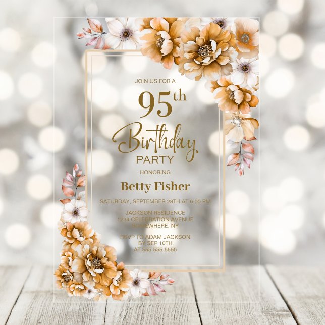 Modern Orange Floral 95th Birthday Party Acrylic Invitations (Creator Uploaded)