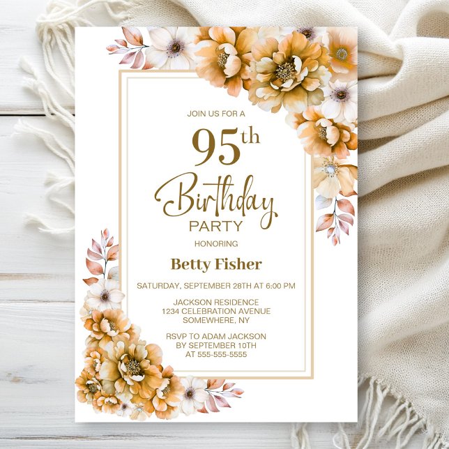 Modern Orange Floral 95th Birthday Party Invitation (Creator Uploaded)