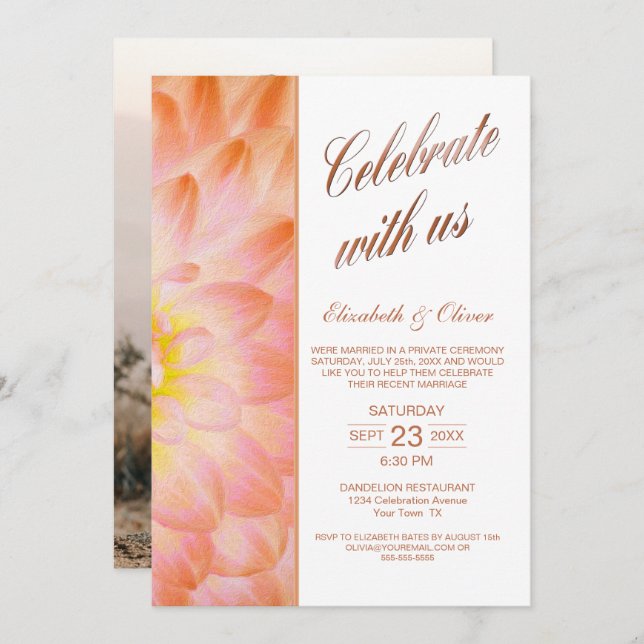 Modern Orange Floral Photo Wedding Reception Invitation (Front/Back)