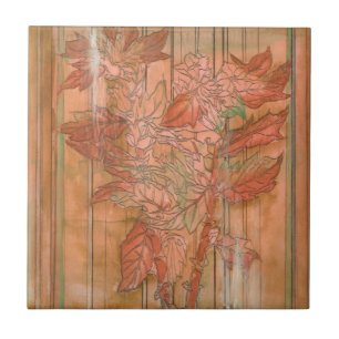 Modern Orange Floral Print on Stripped Background Ceramic Tile