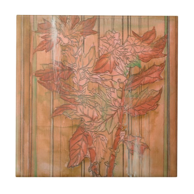 Modern Orange Floral Print on Stripped Background Ceramic Tile (Front)