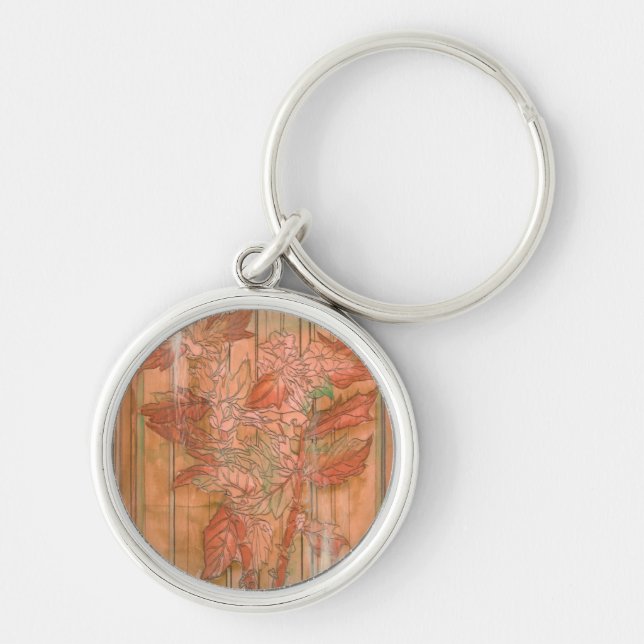 Modern Orange Floral Print on Stripped Background Key Ring (Front)