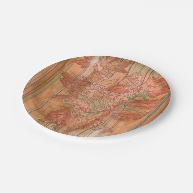 Modern Orange Floral Print on Stripped Background Paper Plate (Angled)