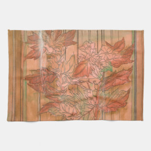 Modern Orange Floral Print on Stripped Background Tea Towel