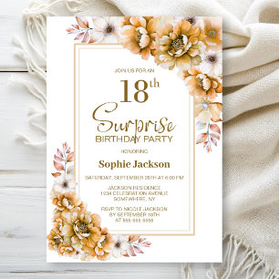 Modern Orange Floral Surprise 18th Birthday Party Invitation