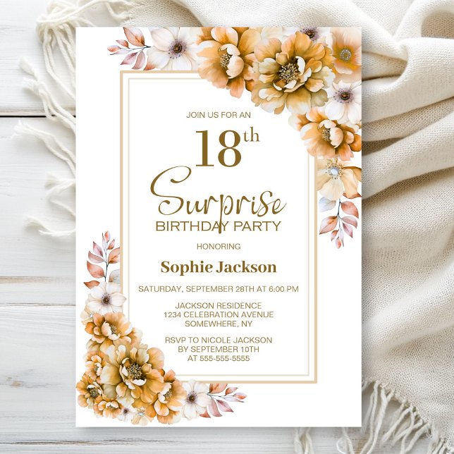 Modern Orange Floral Surprise 18th Birthday Party Invitation (Creator Uploaded)