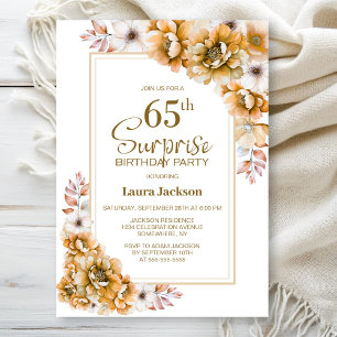 Modern Orange Floral Surprise 65th Birthday Party Invitation