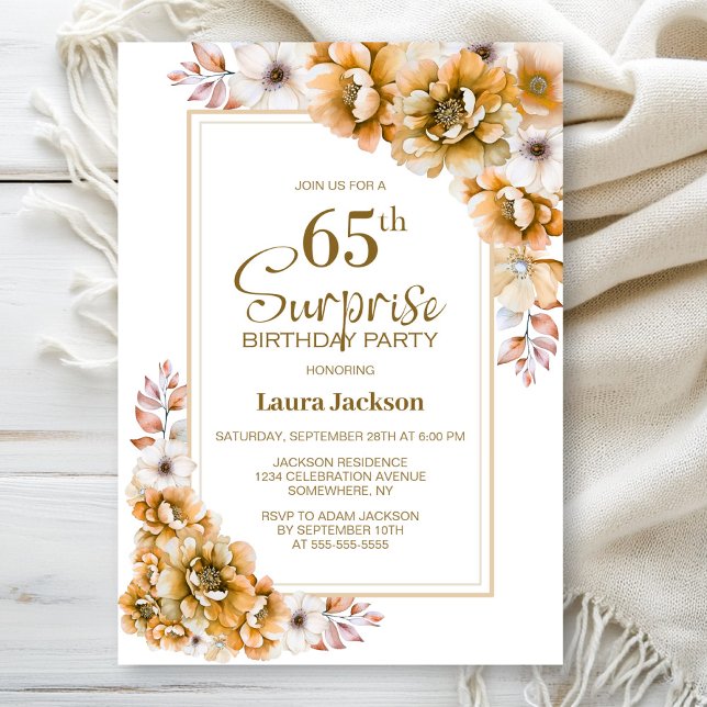 Modern Orange Floral Surprise 65th Birthday Party Invitation (Creator Uploaded)
