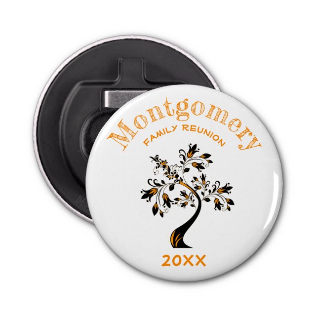Modern Orange Floral Tree Family Reunion Memento Bottle Opener (Front)