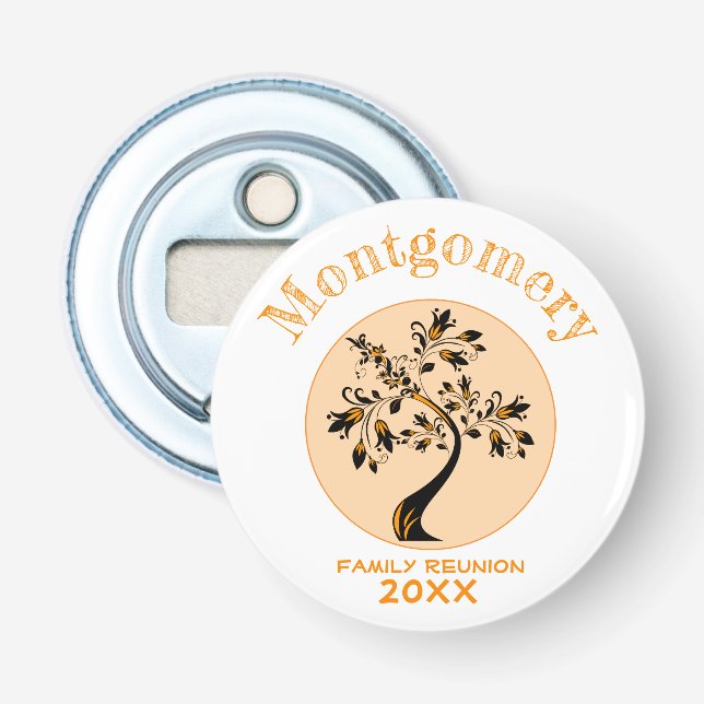 Modern Orange Floral Tree Family Reunion Memento Bottle Opener (Front)