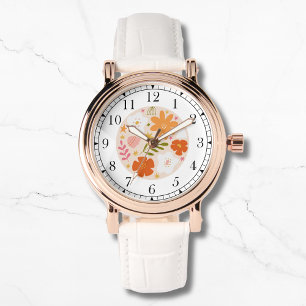 Modern Orange Floral Trendy Stylish Chic Womans Watch