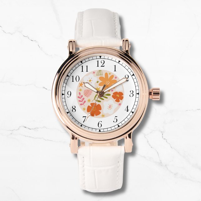 Modern Orange Floral Trendy Stylish Chic Womans Watch (Creator Uploaded)