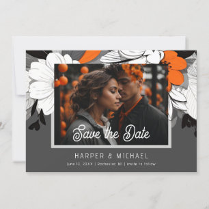 Modern orange floral wedding photo save the date invitation