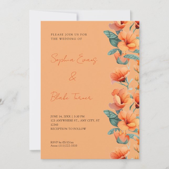 Modern Orange Flowers Fall Orange Wedding Invitation (Front)