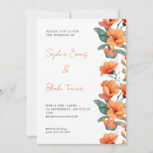 Modern Orange Flowers Fall White Wedding Invitation