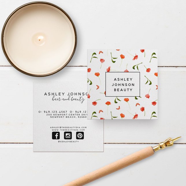 Modern Orange Flowers Pattern Feminine Square Square Business Card (Creator Uploaded)