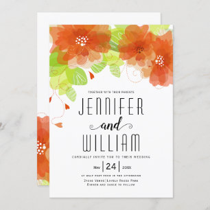 Modern orange flowers, typography floral wedding invitation