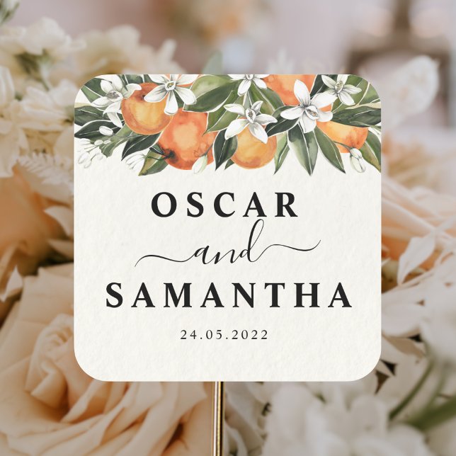 Modern Orange & Flowers Watercolor  Square Sticker (Creator Uploaded)