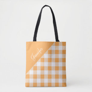 Modern Orange Gingham Plaid Name Tote Bag