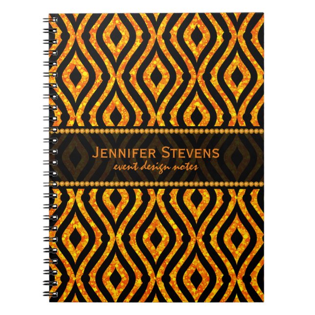 Modern Orange Glitter & Black Geometric Pattern 2 Notebook (Front)