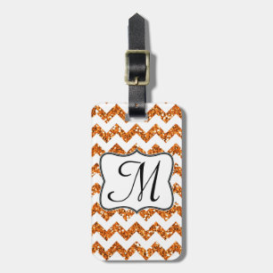 Modern Orange Glitter Chevron Monogram Luggage Tag