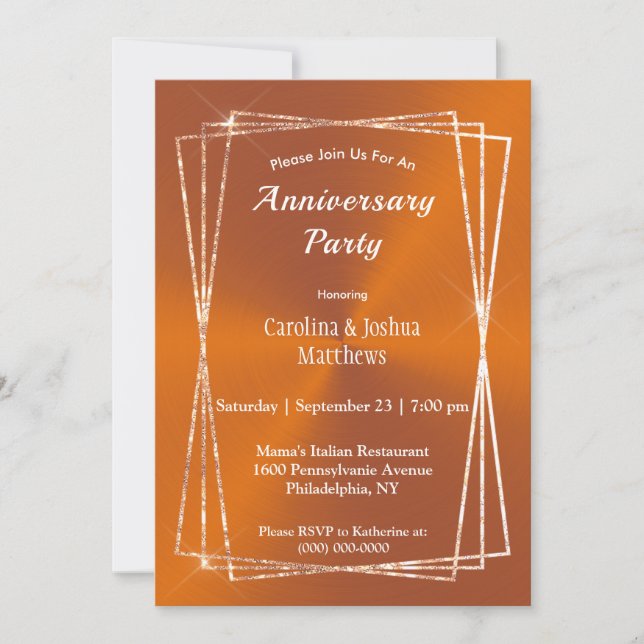 Modern Orange Glitter Frame Anniversary Party Invitation (Front)